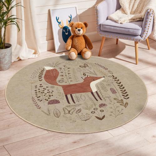 Rustic Fox Round Rug, Woodland Animal Mat, Cute Kids Room Decor, Nature-Themed Nursery Carpet, Soft Brown Fox Area Rug, Playroom Accent