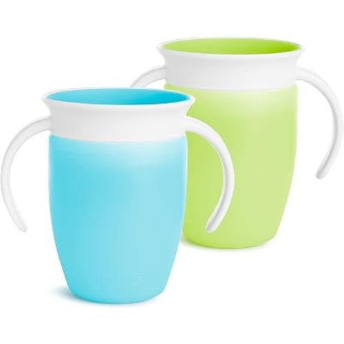 Munchkin Miracle 360 Sippy Cup for 6 Month Old, Spill Proof Baby and Toddler Cups with Transition Handles, 7 Ounce, 2 Pack, Blue/Green