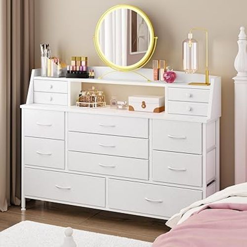 Fixwal White Dresser for Bedroom with 13 Drawers, Fabric Chest of Drawers with PU Finish for Kids, Girls, Adults, Nursery, Living Room, Closet, Entryway, Hallway (No LED Lights)
