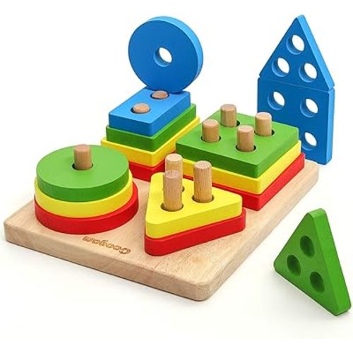 Coogam Wooden Sorting Stacking Montessori Toys, Shape Color Recognition Blocks Matching Puzzle, Fine Motor Skill Educational Preschool Learning Board Game Gift for Kids