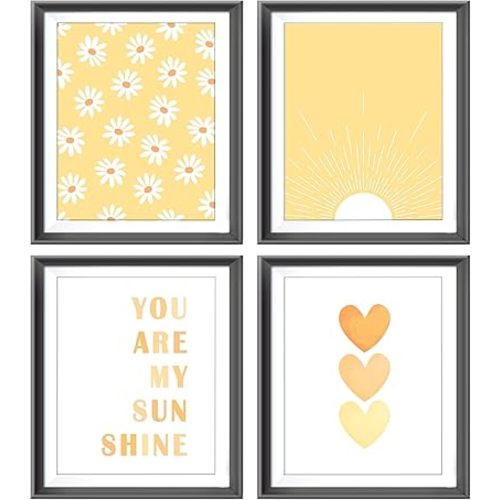 You are My Sunshine Boho Sage Yellow Sun Sunshine Daisy Flower Hearts Poster Prints for Girls Kids Room Nursery Playroom Decor,Inspirational Quote Decorations Prints Wall Art Unframed 4pcs 8x10inches…