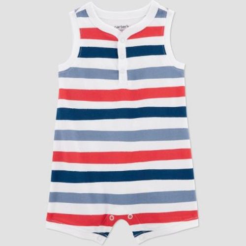 Carter's Just One You® Baby Boys' Striped Romper - 18M: Cotton Sleeveless Henley with Crotch Snap