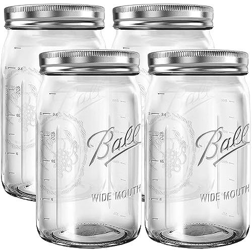 CAMDEPOSU Wide Mouth Mason Jars 32 oz - (4 Pack) Ball Quart With Airtight lids and Bands For Canning, Fermenting, Pickling, Freezing, Storage Glass jar, Microwave & Dishwasher Safe, Clear