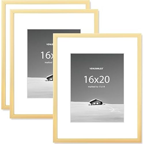16x20 inch Picture Frame, 16x20 Photo Frames with 11x14 Removable Mat - High Definition Plexiglass - Vertical and Horizontal Display - Wall Hanging Frame - Gold, 3 Pack