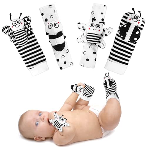 AJsupojouet Baby Rattle Socks & Wrist Toys for Newborns, 0-12 Months, High Contrast Black & White Toys for Brain Development, Infant Gift Boy and Girl