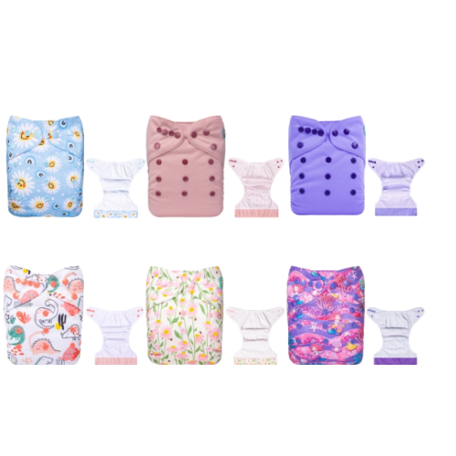 6-Pack AWJ Cloth Diapers with 6 Bamboo Inserts (4 Layers) - One Size Adjustable &amp; Reusable Pocket Diapers for Summer
