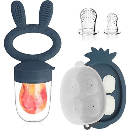 Teething Toys, Baby Fruit Food Feeder, Breastmilk Popsicle Molds for Baby Cooling Relief (Rabbit - Blue, Rabbit)