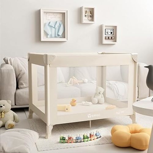 Portable Travel Crib & Playpen - Baby Safe Folding Travel Bed w/Mattress, Breathable Mesh | Compact Lightweight Baby Bed | Pack and Play for Babies & Toddlers (Khaki)