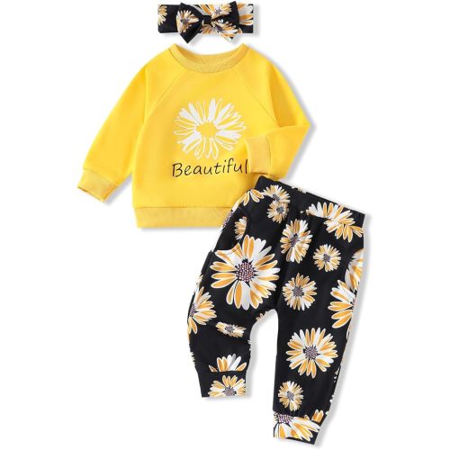 AMAWMW Infant Baby Girl Clothes Long Sleeve Loose Sweatshirts Pockets Pants Headband Outfits Fall Winter Spring Gift - Yellow - 0-6 Months