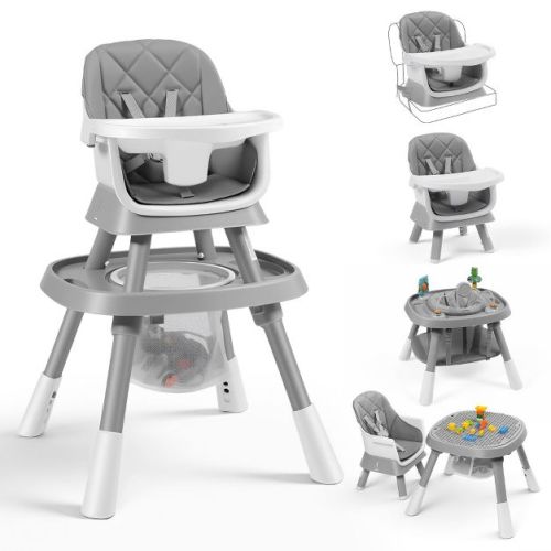 Kinder King 15 in 1 Baby High Chair, Coverts to Rotatable Activity Play Center/Infant Dining Booster Seat, Detachable Toys, Removable Tray, Gray
