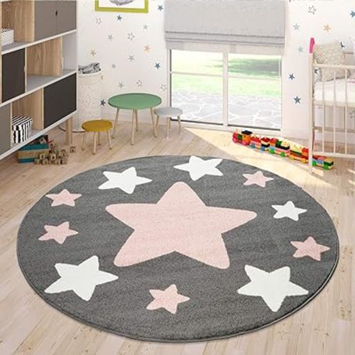 Rug for Kids Room & Nursery Starry Sky Star Pattern Playroom in Dark Gray Pink White, Size: 3'11" Round