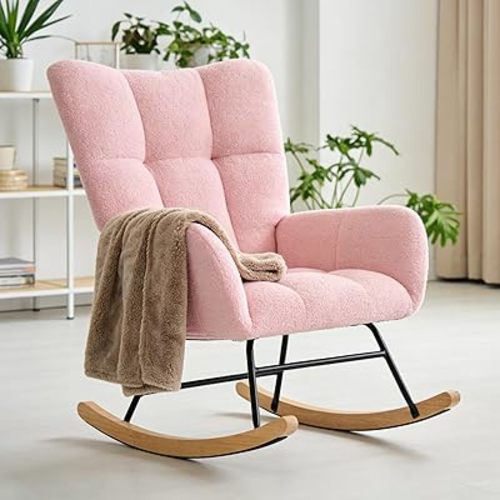 DUMOS Nursery Rocking Chair Teddy Upholstered, Comfy Glider Rocker with High Backrest Armchair Padded Seat, Accent Side Chair for Living Room Bedroom Offices Small Spaces Indoor, Pink