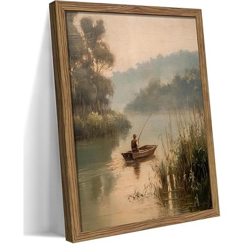 Wood Framed Vintage Fishing Wall Art, Small Country Fisherman Landscape Canvas Wall Decor Paintings, Retro Country Farmhouse Posters Prints Pictures for Boy Room Bedroom Living Room 8x10 Inch