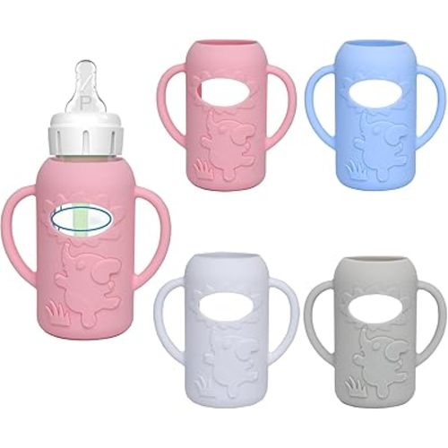 4 Pack Silicone Sleeves for Dr. Brown's Glass Baby Bottles -Drop Protection Easy-Grip Baby Bottle Sleeves Holder with Handles, Compatible with Dr. Brown's Newborn Glass Bottles 4 oz/120 ml
