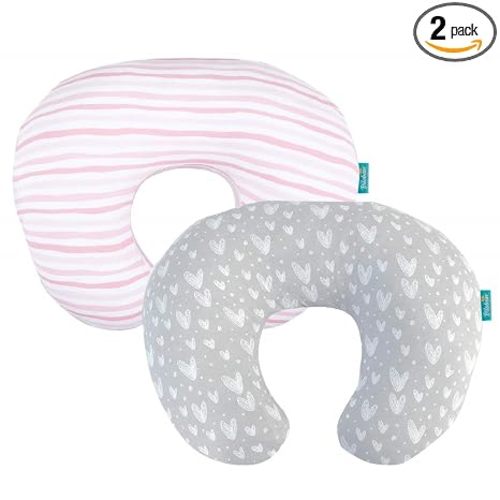 Biloban Nursing Pillow Cover 2 Pack Pink and Gray, Stretchy 100% Jersey Cotton Nursing Pillow Slipcovers for Moms Breastfeeding and Bottle Feeding Pillow, Large Zipper Ultra Soft Cover