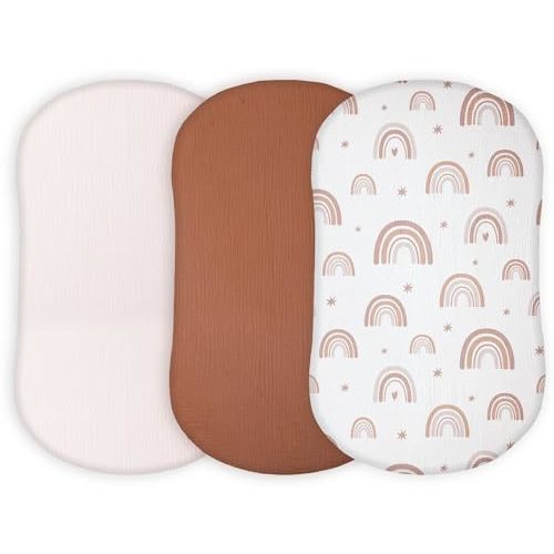 Muslin Bassinet Sheets Compatible with Halo Bassinest Swivel, Flex, Glide, Premiere and Luxe Series Sleeper, Pack 3, 33 X 17 Inch, Ultra Soft and Snug Fit, Unisex Boys Girls, Brown Rainbow