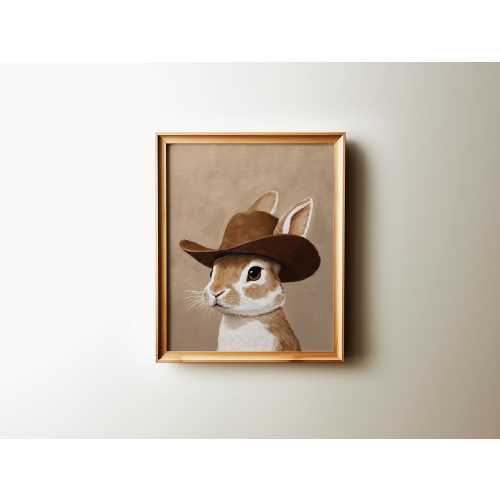 rabbit cowboy print, spring brown western nursery printable art, bunny neutral boy room animal wall art, cowboy hat, Digital Download