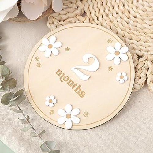Wooden Boho Daisy Flower Milestone Cards - 1-12 Months Interchangeable Milestone Card Decor,Baby Party Photo Prop,Full Moon Background Decoration Props. (2-12 Months Daisy Flower Milestone Cards)