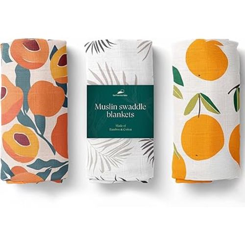Muslin Swaddle Blankets, 3-Pack - Soft Bamboo Rayon and Cotton Receiving Blankets for Boys & Girls - Adorable Fruits Design
