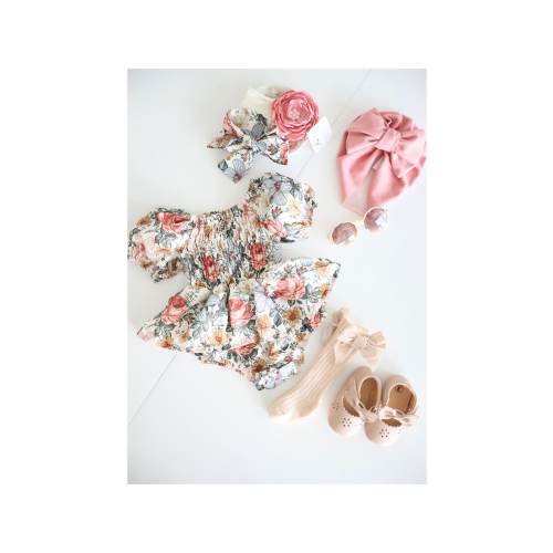 Baby Girl's Summer Fall Romper, Vintage Floral Girl Outfit, Baby Romper Girl Outfit 1st Birthday Bow Headband, Rose Pink Blush Sage Dress