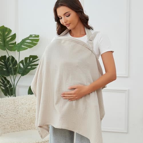 Muslin Nursing Cover for Breastfeeding, Breathable 100% Cotton Privacy Nursing Covers with Rigid Hoop for Mother Nursing Apron, Include Burp Cloths, Soft Arch Neckline Nursing Apron (Gray)