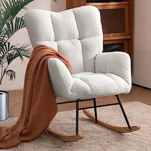 Rocking Chair Nursery, Teddy Glider Rocker with High Backrest, Modern Rocking Accent Chairs for Nursery, Living Room, Bedroom (Ivory)