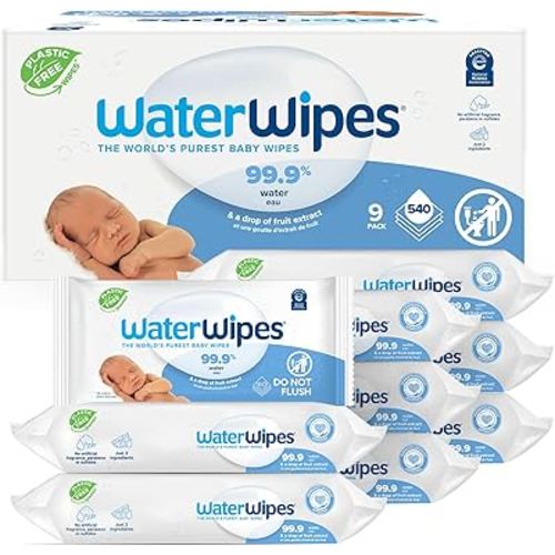 WaterWipes Plastic-Free Original-baby Wipes, 99.9% Water Based Wipes, Unscented & Hypoallergenic for Sensitive Skin, 60 Count (Pack of 9) Total 540 wipes, Packaging May Vary