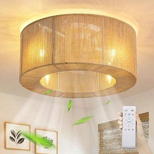 18" Rattan Ceiling Fan with Lights & Remote, Bladeless Boho Caged Ceiling Fan Flush Mount Enclosed, 6-Speed Low Profile Farmhouse Rattan Fandelier for Bedroom Kitchen Dining Living Room