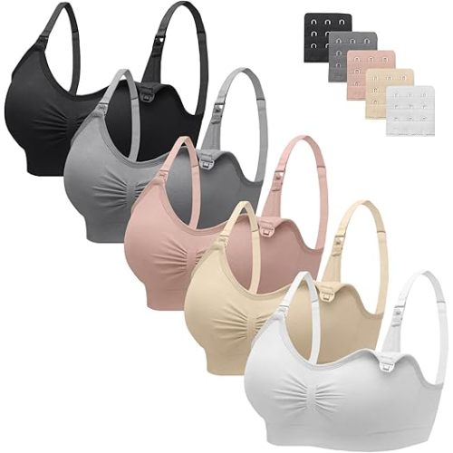 Angelhood Nursing Bra 5 Pack Womens Maternity Breastfeeding Seamless Wireless Sleep Bra with Extenders