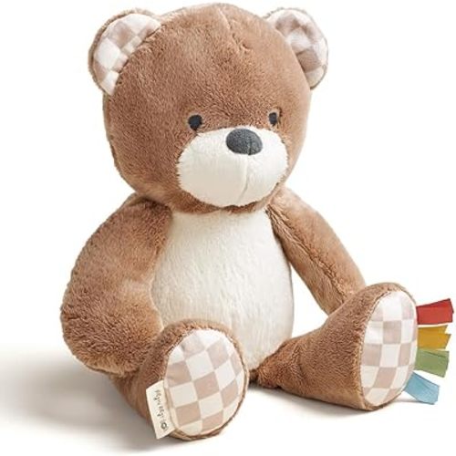 Itzy Ritzy Baby Plush Toy - Soft, Cuddly Stuffed Animal with Multiple Textures & Ribbons for Sensory Exploration and Promoting Self-Soothing, for Ages 0 and Up (Bear)