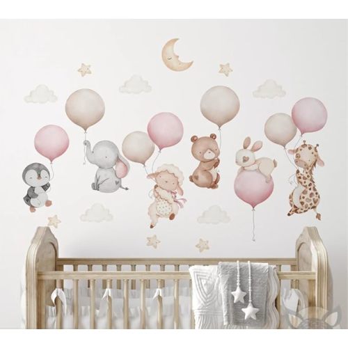 Pink Balloons With Baby Animals Wall Decal - Cute Animal Sticker for Nursery Decor - Removable Kids Room Vinyl Art Mural With Sheep, Elephant, Bear, Cat, Giraffe (Set2)