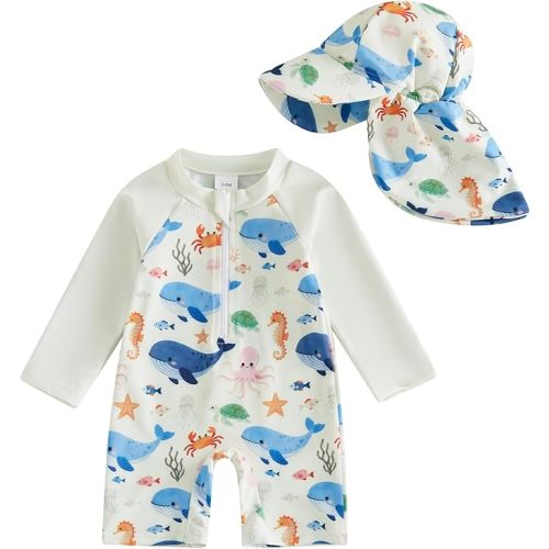 Toddler Baby Boy Girls One Piece Swimsuit Long Sleeve Zipper Bathing Suit with Hat Infant Rash Guard Swimwear