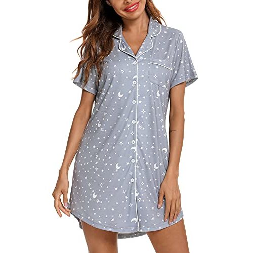 Samring Pajama Nightgown for Women Short/Long Sleeve Button Down Nightwear Top Boyfriend Sleep Shirts Nightdress S-XXL