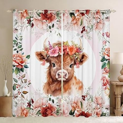 Feelyou Cute Highland Cow Curtains for Living Room (2 Panels, 52 x 63 Inch) Cartoon Animal 30%-50% Blackout Curtains Flower Floral Print Darkening Drapes Farm Zoo Garden Theme Window Treatments