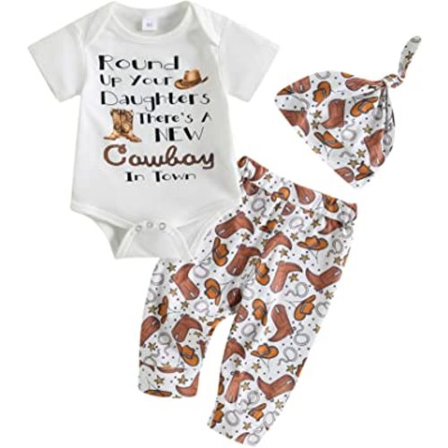 Lily.Pie Newborn Baby Boys Funny Bodysuits with Leggings Caps 3pcs Outfit Clothes