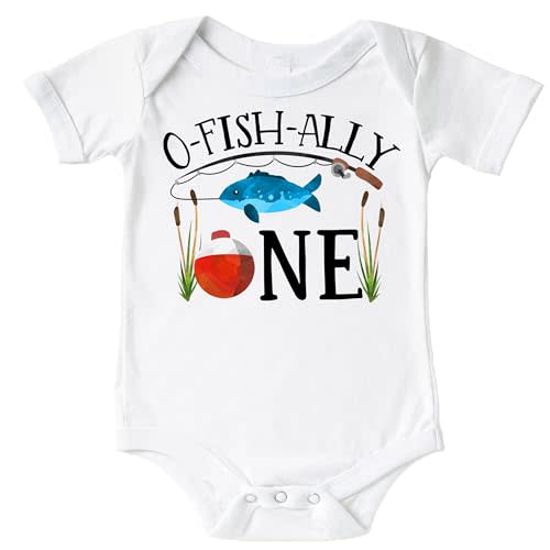 Olive Loves Apple O-Fish-Ally One Bodysuit for Baby Boys Fishing Themed First Birthday Outfit