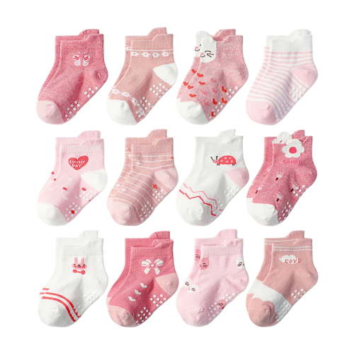 QBABYOO Baby Boys Girls 12 Pairs Toddlers Socks Baby Socks 0-6 Months Kids Cotton Crew Socks Soft & Cozy Indoor&Outdoor Wear, Sizes 0M- 7Y