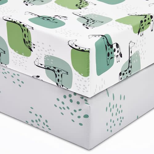 TILLYOU Fitted Crib Sheet Set - Super Soft Toddler Bed Sheets for Standard Crib and Toddler Mattresses, Premium Cozy Nursery Bedding Sheet, 28"x52"x5", Green Giraffes with Spots