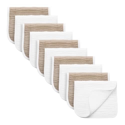 Synrroe Burp Cloths Large, Muslin Burp Cloths for Baby Girls and Boys, Pack of 10 Extra Absorbent and Soft Muslin, 6 Layers 20 by 10 Inches 100% Cotton (White and Brown 10 Pack)