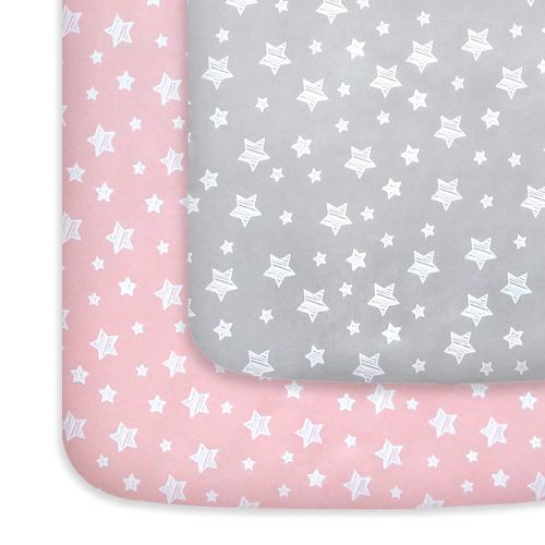 Pack and Play Sheets Girl, Mini Crib Sheets, Stretchy Pack n Play Playard Fitted Sheet, Compatible with Graco Pack n Play, Soft and Breathable Material, Grey & Pink