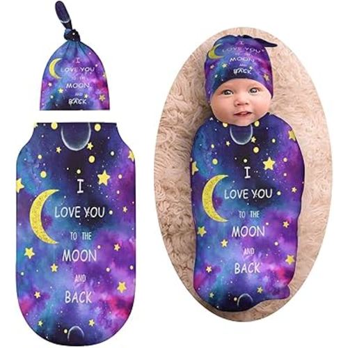 I Love You to The Moon and Back Newborn Baby Swaddle Blanket with Beanie Hat Baby Receiving Blanket Gifts for Boys Girls
