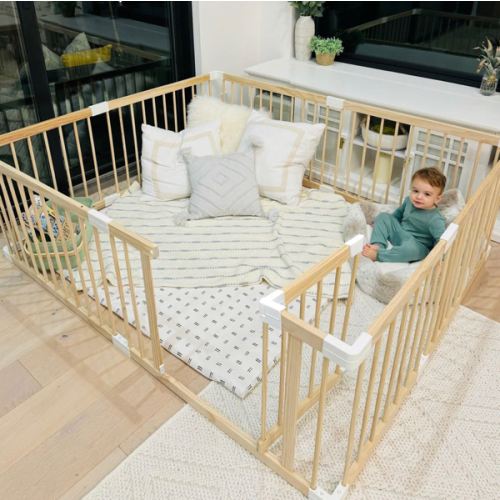 HARPPA Wooden Baby Gate Playpen | Non-Toxic Foldable DIY Adjustable Play Yard for Infants & Toddlers – Natural Finish Baby Fence for Small & Large Spaces