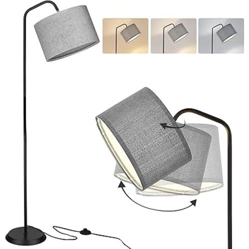 ELYONA LED Floor Lamp for Bedroom 3 Color Temperatures Modern Reading Standing lamp with Adjustable Hanging Grey Linen lampshade Tall Pole Metal Lamp with 9W Bulb Living Room Office Gray