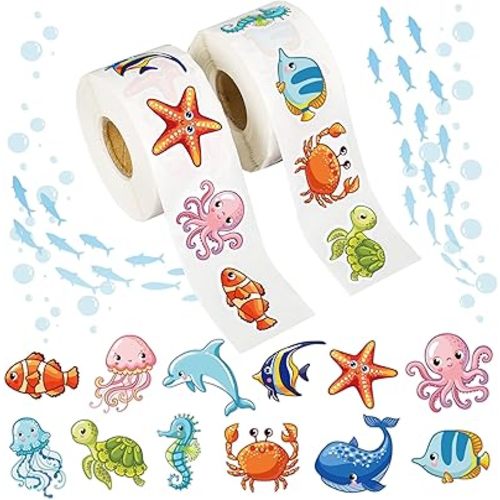 1200 PCS Ocean Animal Stickers Roll Cartoon Sea Life Sticker Fish Sticker Deals Sea Creature Labels for Ocean Theme Party Favors Classroom Teacher Rewards, 2 Roll