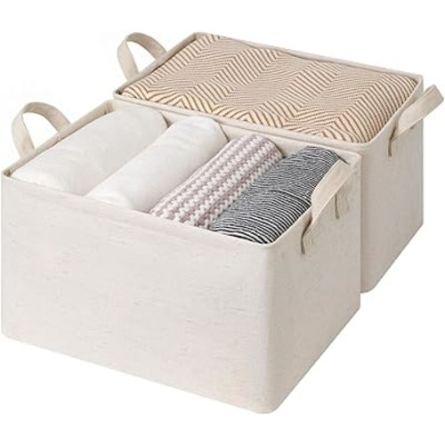 StorageWorks Storage Bins, Shelves Baskets for Organizing, Large Fabric Closet Organizers with Handles, Metal Frame, Beige（Cotton-linen）, 2-Pack