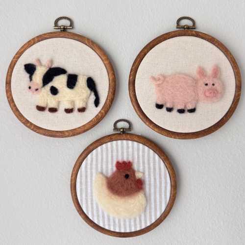 Felted Farm Animal Nursery Hoop Art: Handmade Wool Decor, 6 inch