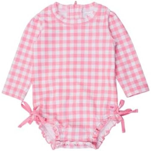RuffleButts Baby Girls UPF 50+ Sun Protection Gingham Printed Long Sleeve One Piece Rash Guard Swimsuit with Zipper