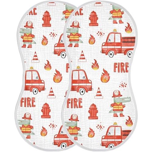 Burbuja Cute Firetrucks Muslin Baby Burp Cloths, Soft & Absorbent Cotton Burping Rags for Newborn Boys & Girls, 2 Pack