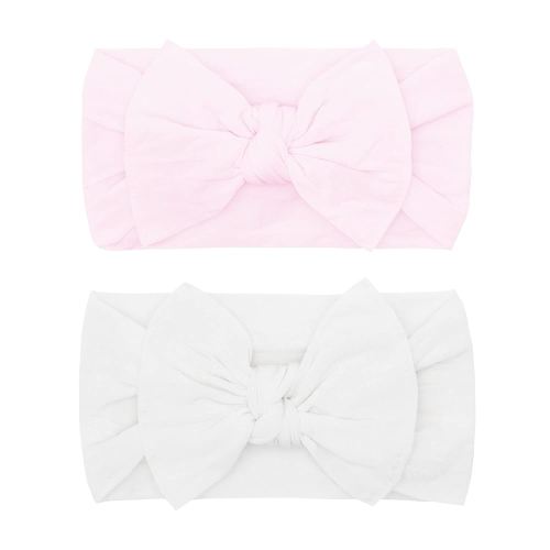 Baby Bling Bows - Newborn to Little Baby Girl Bows, 2 Pack Nylon Super Soft Stretchy Knot Toddler Headbands, Perfect Hair Accessories Head Bands for Infant Kids(Pink & White)