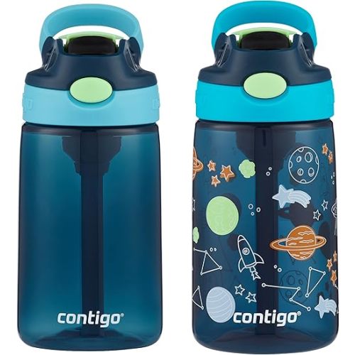 Contigo Kids Water Bottle with AutoSpout Straw, 14oz, 2-Pack, Blueberry & Blue Raspberry with Cosmos, Great for school and home